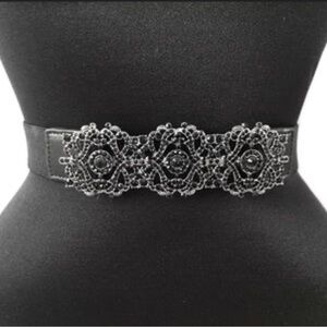 BCBGMaxazria Womens S Metal Gunmetal Diamond Elastic Waist Belt Snap Closure